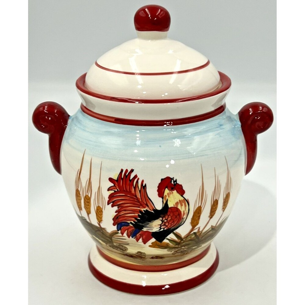 Vtg Ceramic Jar with Lid Rooster & Wheat Canister Farmhouse Cookie Storage 6.5"